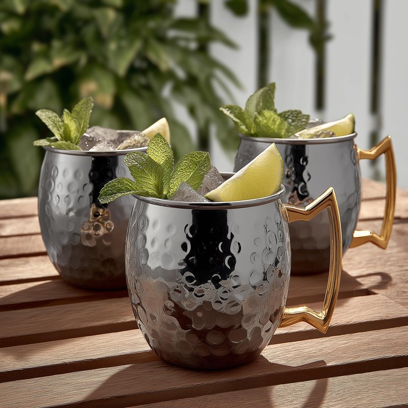 K&K Home Black Moscow Mule Mugs - 17oz Hammered Black Cups with Stainless Steel Lining - Set of 4 Black Mugs Perfect for Cold Drinks, Beer, Wine, Outdoors, Gifts and Parties