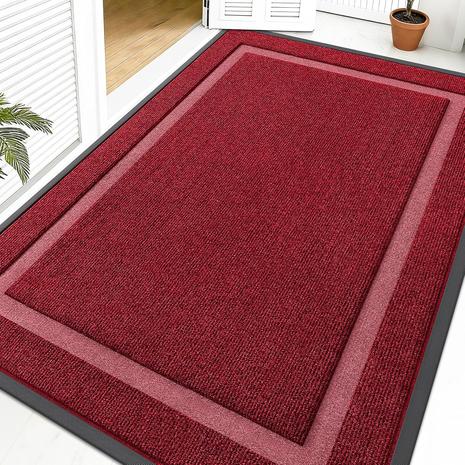 OLANLY Waterproof All-Season Front Door Mat - Sturdy Natural Rubber, Easy Clean, 59x40, Wine Red