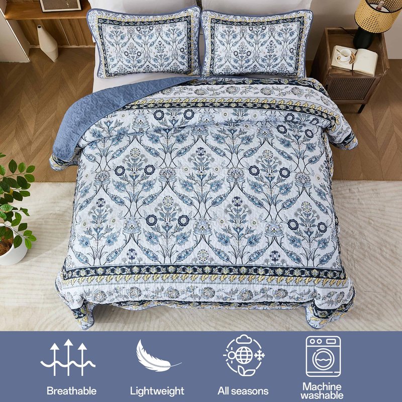 DJY King Size Quilt Sets, Navy Blue Floral Quilt Set King 3 Pieces Boho Bedspread Coverlet Set with 2 Pillowcases Soft Lightweight Microfiber Bedding for All Season (90"x104")