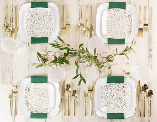 PLASTICPRO Square 32 Piece Combo Plates Set includes 16 x 7'' inch Salad Plates & 16 x 10'' inch Dinner Plates White Plastic with Gold Leaf Design Party Plates, Premium heavyweight