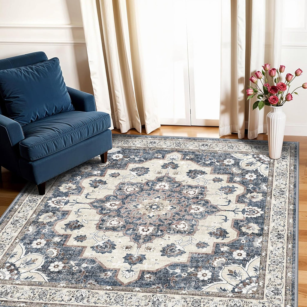 Regine Switzerland Washable 4x4 Square Area Rug - Ultra Thin Non-Slip Soft Carpet for Living Room | Stain Resistant Blue Mat