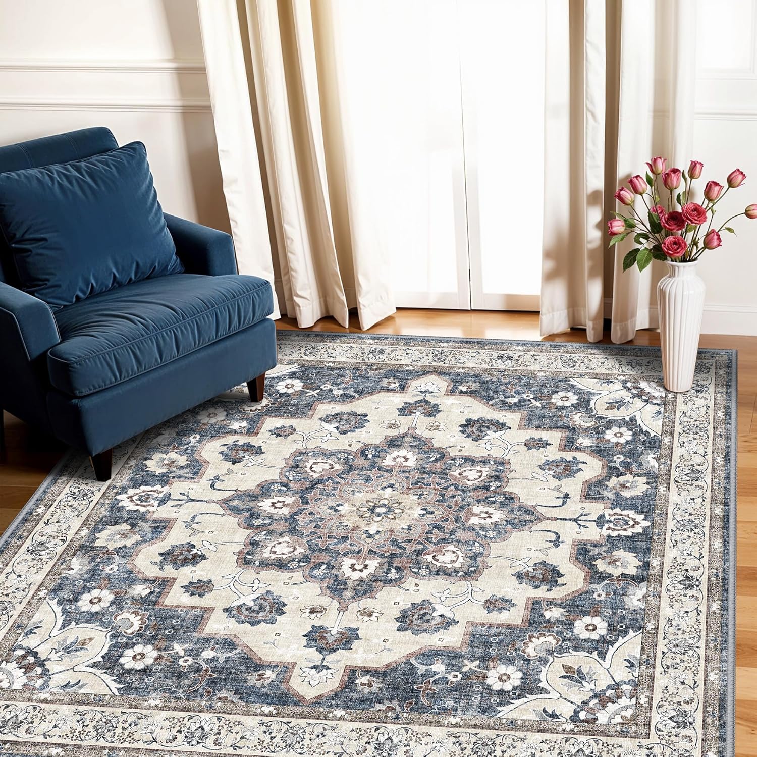 Regine Switzerland Washable 4x4 Square Area Rug - Ultra Thin Non-Slip Soft Carpet for Living Room | Stain Resistant Blue Mat