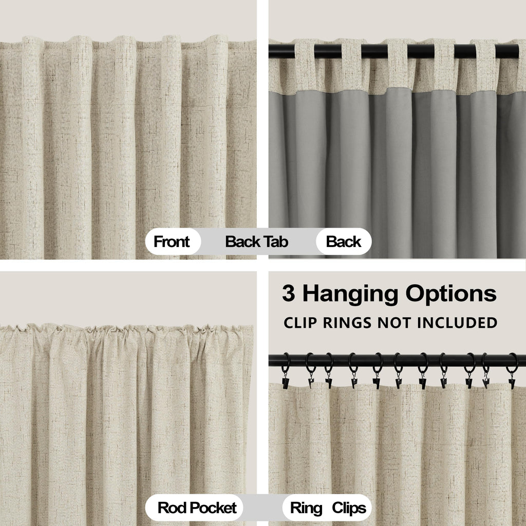 KOUFALL 100 Inch Curtains Long,Blackout Beige Linen Back Tab Pleated Black Out Curtains for Bedroom Living Room 2 Panels Set