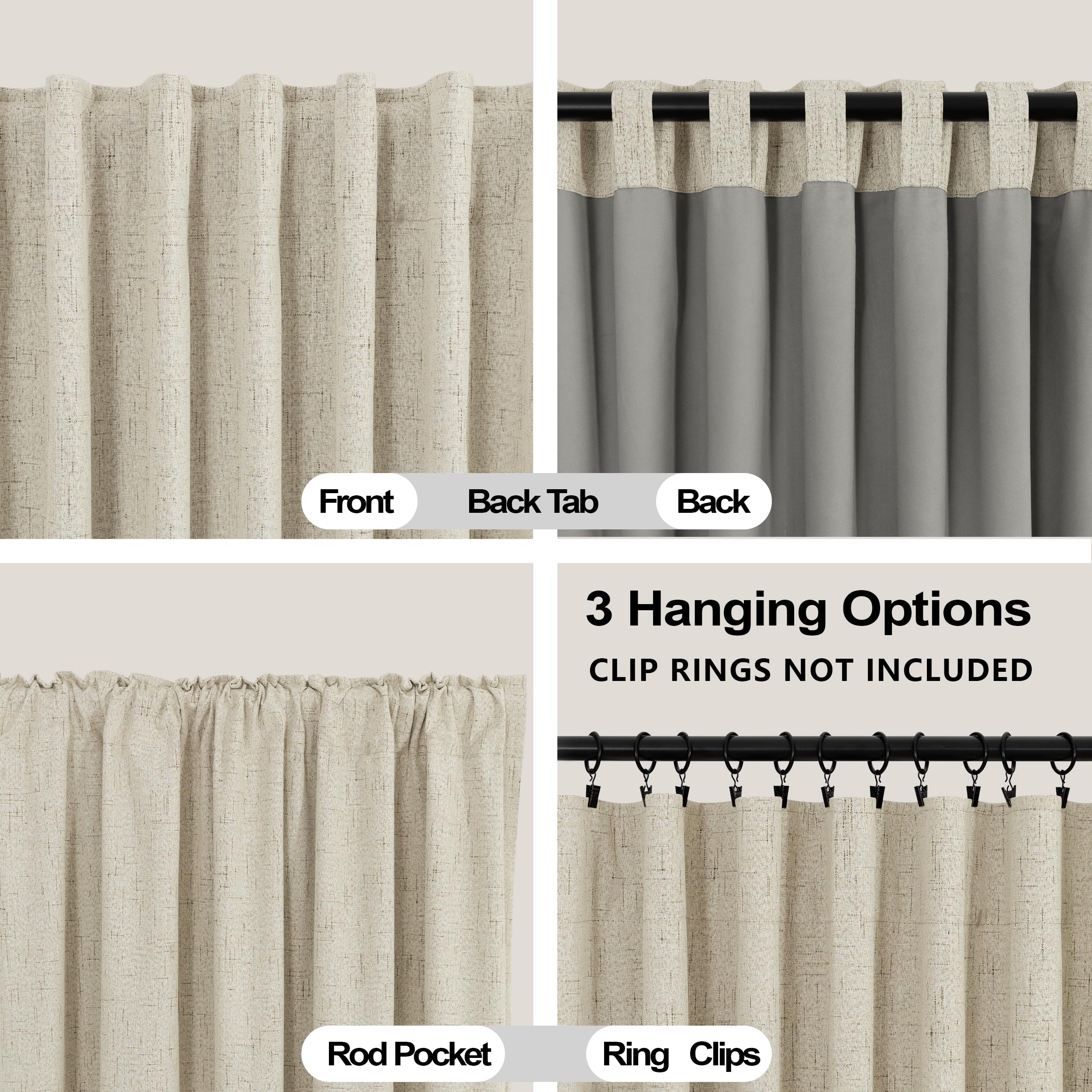 KOUFALL 100 Inch Curtains Long,Blackout Beige Linen Back Tab Pleated Black Out Curtains for Bedroom Living Room 2 Panels Set