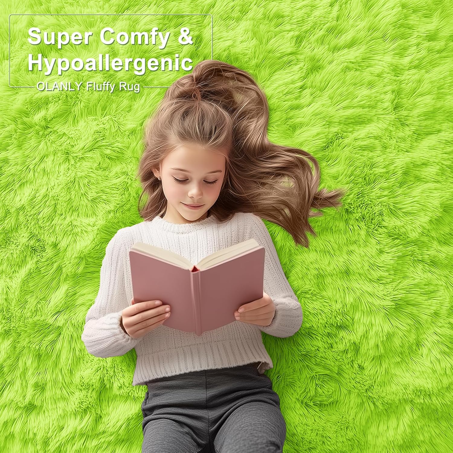 OLANLY Small Bedside Rug - Soft Fluffy Shaggy Indoor Carpet for Kids | Machine Washable, Lime Green