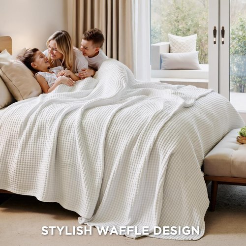 Bedsure Cooling Waffle Blanket - Lightweight Cotton & Bamboo Blend for Hot Sleepers | Ivory, 90x90 Inches