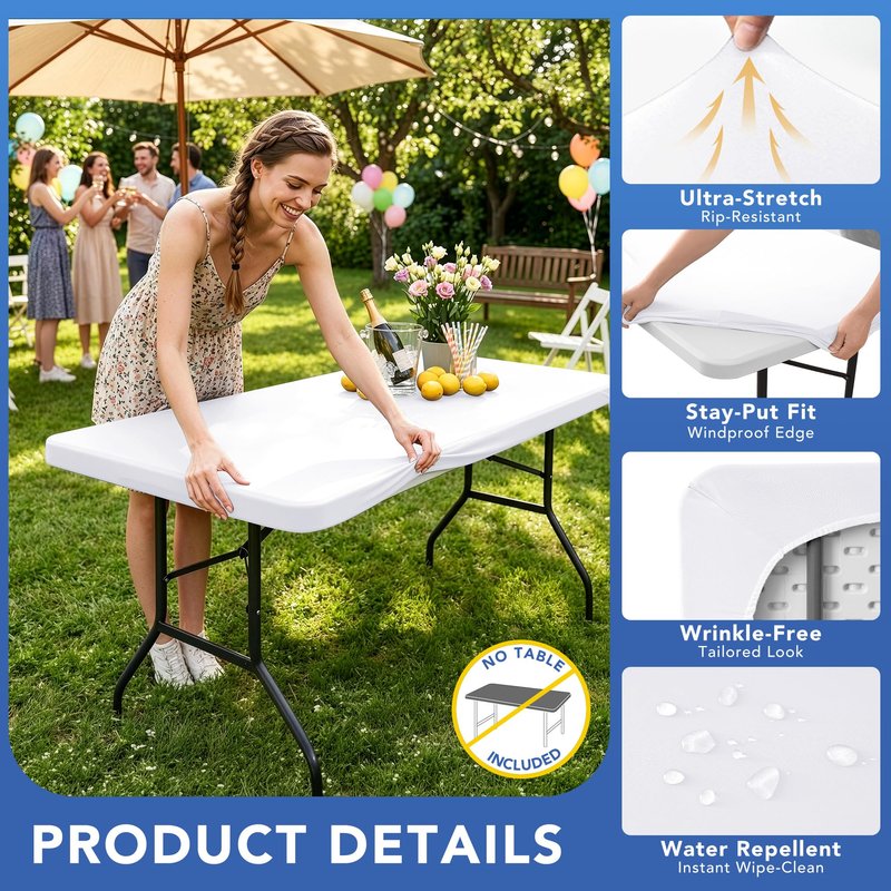 Enjoyidea Fitted Tablecloth for 6 Foot Rectangle Tables-4 Pack White Elastic Outdoor Picnic Table Cover-Spandex Stretch Folding Table Cloths 6 ft for Camping Dining Room Patio Kitchen Banquet Party
