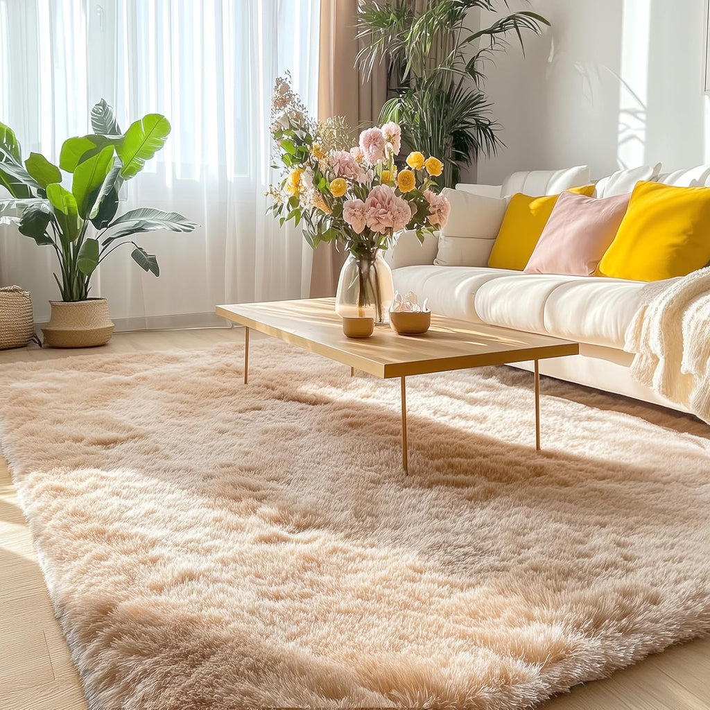 OLANLY Large 5x7 Machine Washable Area Rug - Soft Fluffy Shaggy Indoor Carpet for Living Room & Bedroom | Beige