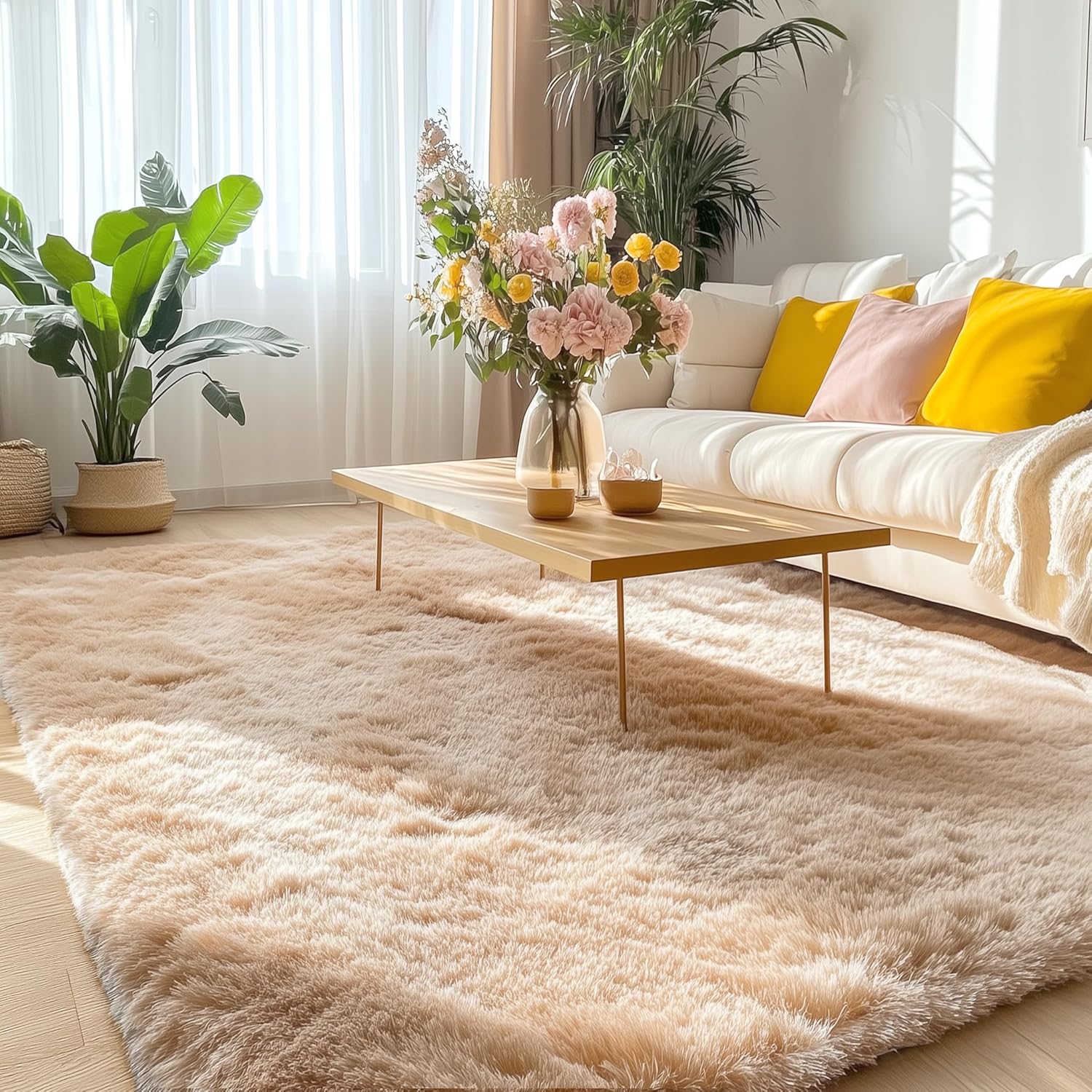 OLANLY Large 5x7 Machine Washable Area Rug - Soft Fluffy Shaggy Indoor Carpet for Living Room & Bedroom | Beige