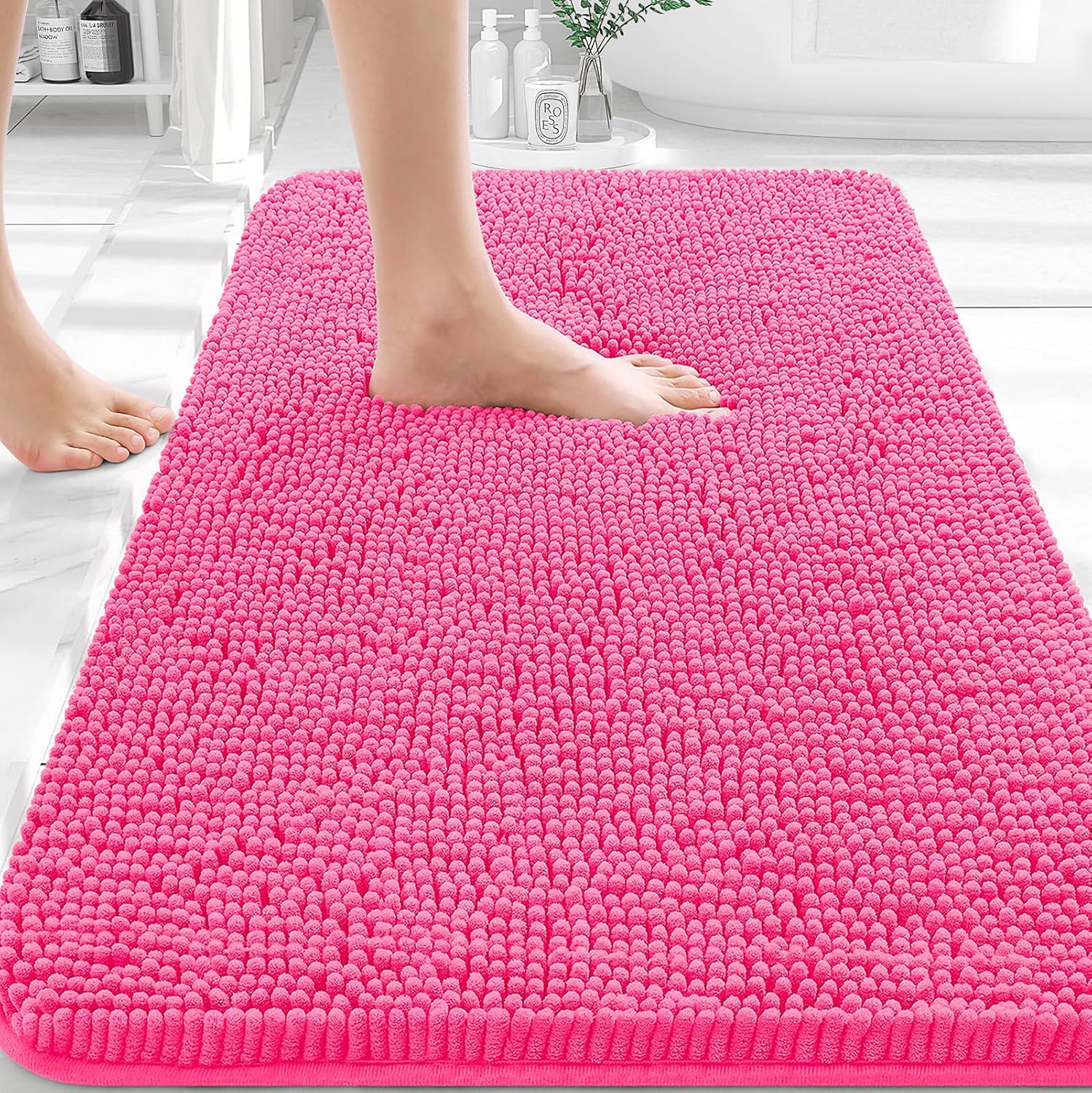 OLANLY Bath Rugs - Extra Soft Chenille, Quick Dry & Machine Washable | 36x24 Hot Pink Bathroom Mats