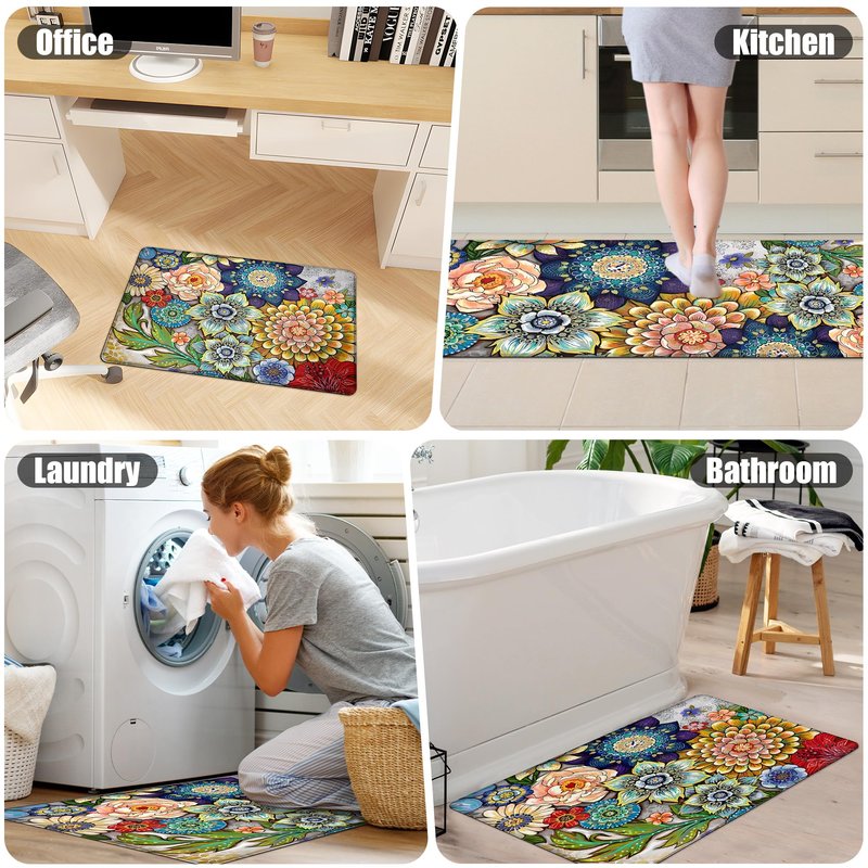 Tubeamin Floral Kitchen Rug Mat for Floor Boho Cushioned Anti-Fatigue Mat Non-Slip Standing Desk Waterproof Comfort Floor Mat for Sink, Office, Laundry, 17.3x28 Inch