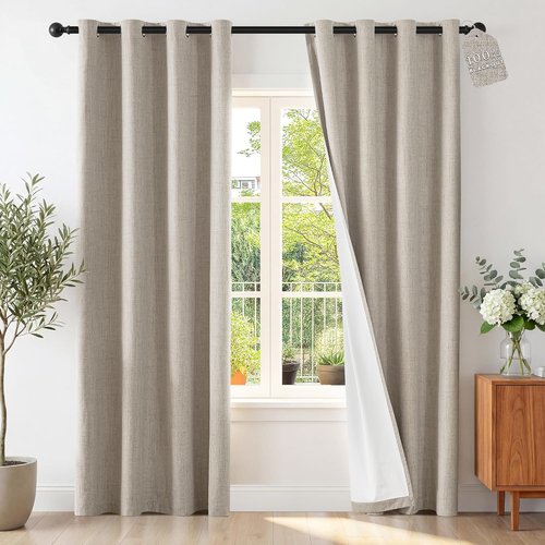 ChrisDowa Linen Blackout Curtains - 100% Thermal Insulated Room Darkening Drapes | 84" Length, Natural Linen, 52" W