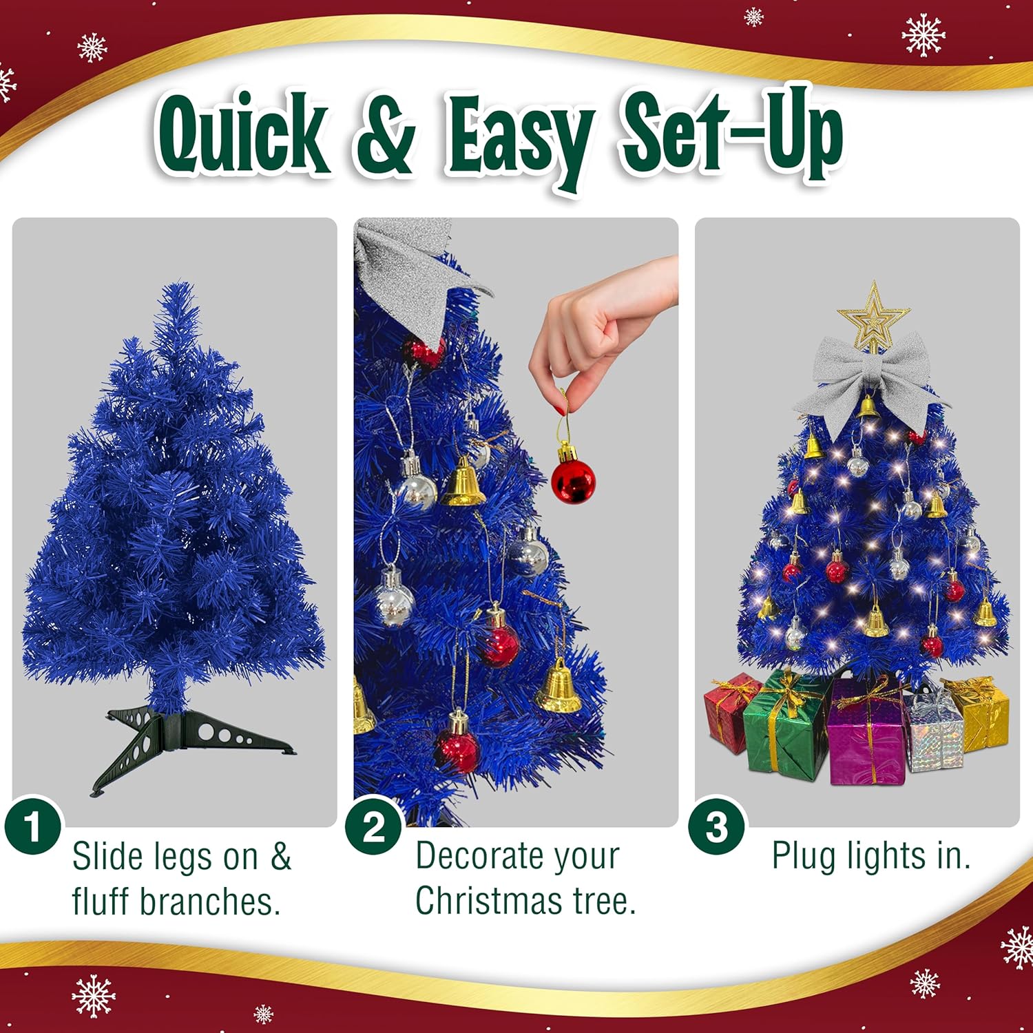 Small Blue Christmas Tree with Lights - 23-Inch Mini Tabletop Tree with Warm-White LEDs & Ornaments