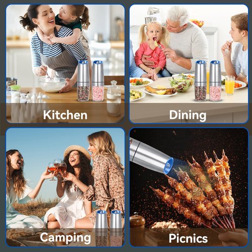 UNNEES Gravity Electric Salt and Pepper Grinder set of 2, Automatic Salt And Pepper Grinder Set, Adjustable Roughness, Battery Powered, LED Light, 2 Pack, (Silver)