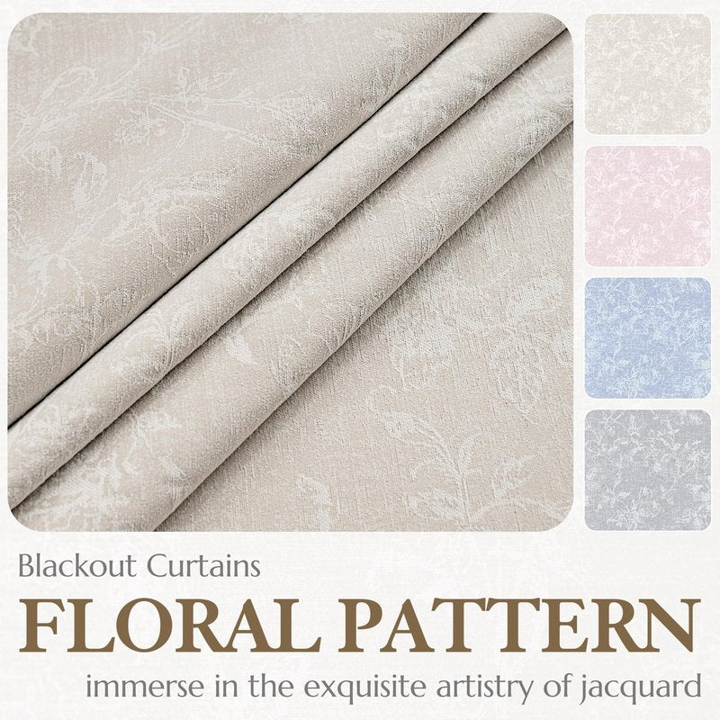Xwincel Beige Floral Jacquard Blackout Curtains 84 Inches Long for Bedroom, Flower Chenille Rustic Farmhouse Curtains Living Room Darkening Thermal Insulated Drapes, Grommet Window Curtains 2 Panels
