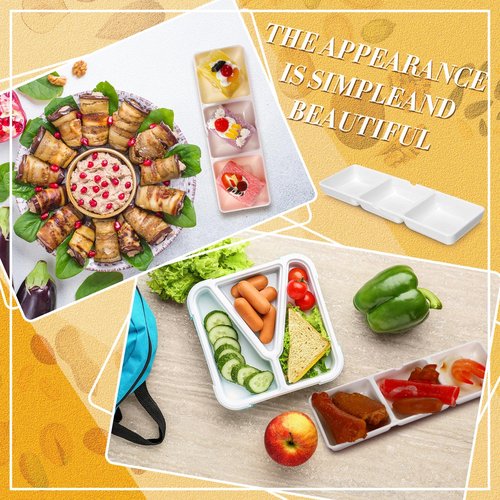 Eaasty 24 Pcs 8.7 x 2.8 Inch 3 Compartment Appetizer Serving Tray Plastic 3 Section Dessert Platters Rectangular Divided Plate White Compartment Serving Dishes Dipping Sauces Dinner Kitchen