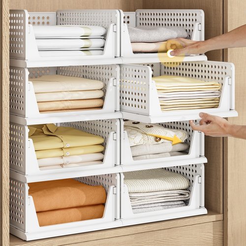 Pinkpum 5 Pack Stackable Plastic Storage Closet Organizers and Storage Bins Drawer Shelf Storage Container for Wardrobe Cupboard Kitchen Bathroom Office White