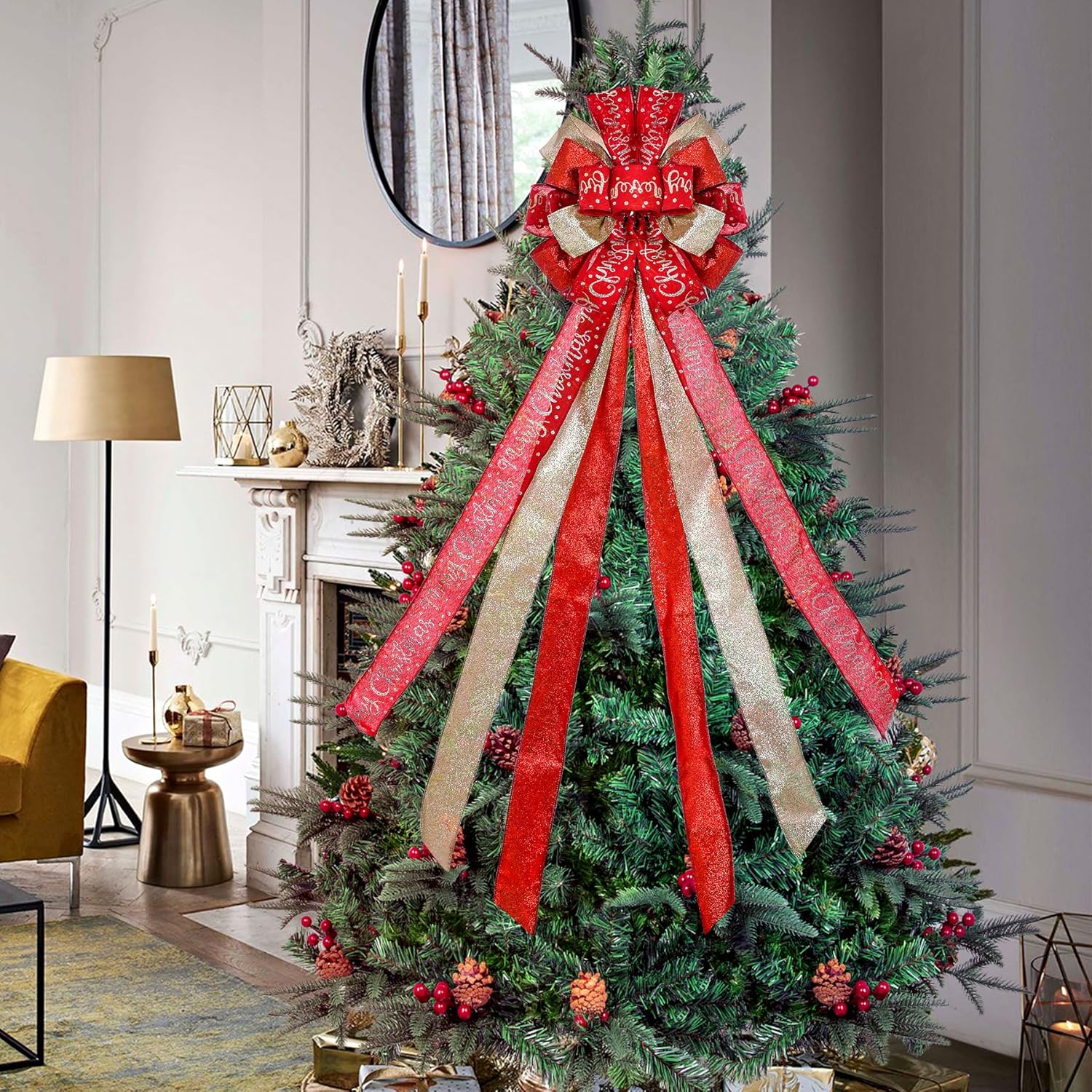 Regine Switzerland Christmas Tree Topper - Large 45"x12" Rustic Red Wreath Bow with Letter Pattern for Holiday Decor