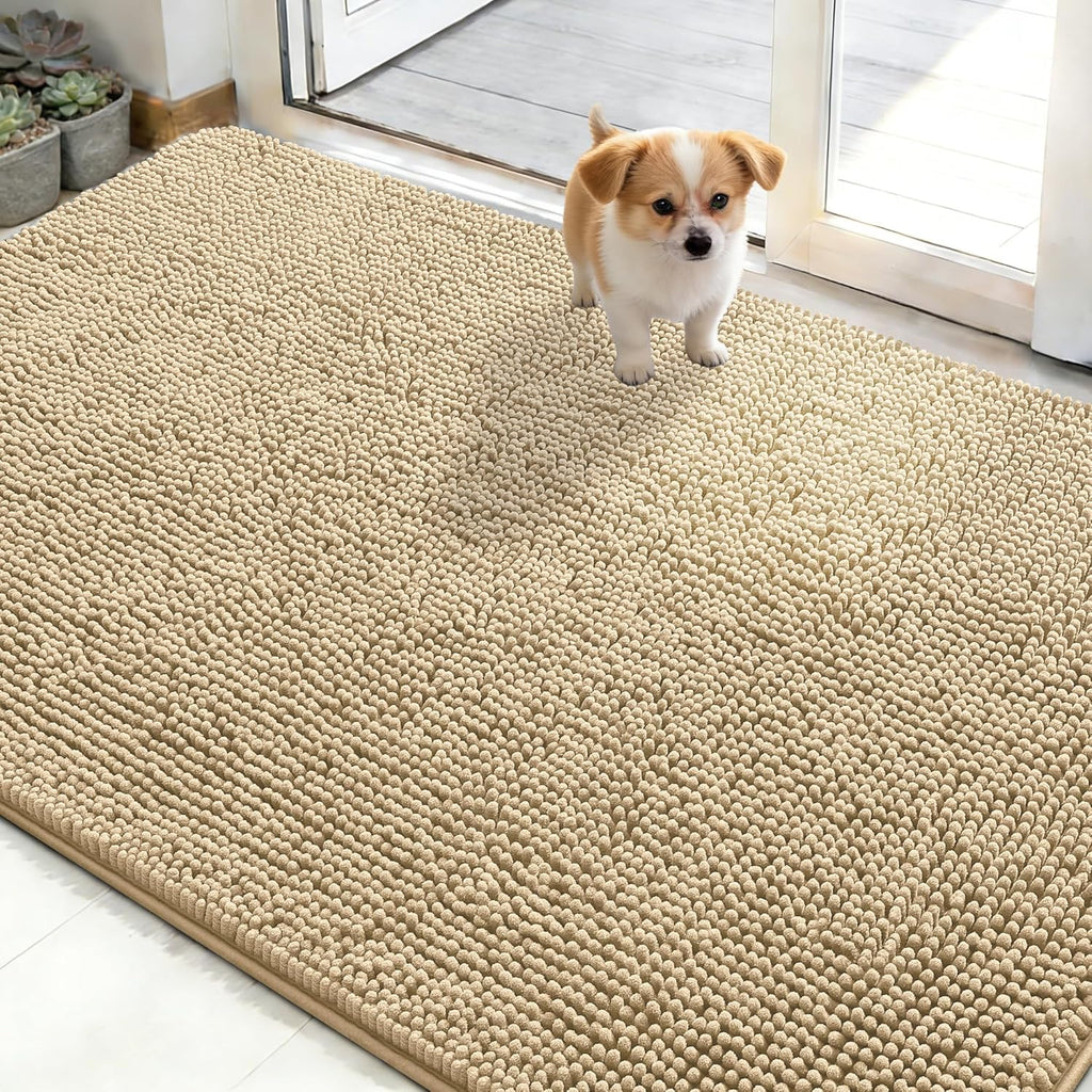 OLANLY Dog Door Mat - Absorbent Non-Slip Washable Doormat for Muddy Paws | 48x30 Beige Quick Dry Chenille