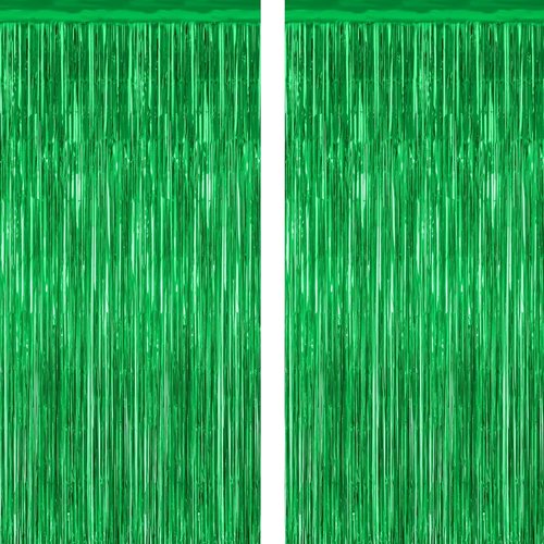2 Pack Tinsel Backdrop - Green St. Patrick's Day Party Decorations | 3.28FT x 7.05FT Metallic Curtains