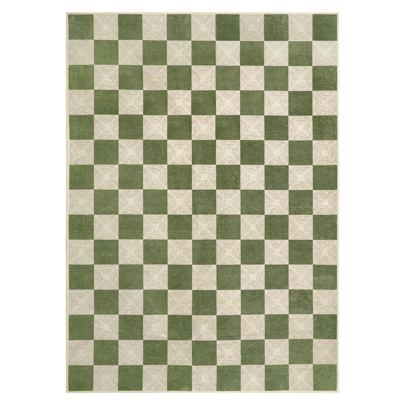 Kiginara Washable Green Checkered Rug 5x7, Non-Slip Low Pile Area Rug for Living Room, Bedroom, Nursery, Modern Neutral Farmhouse Checkerboard Carpet, Pet & Kid Friendly