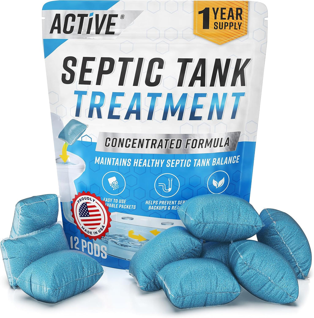 Septic Tank Treatment Pods by EcoSafe - 12 Dissolving Packets | Enzyme-Enhanced Bacteria Solution | Prevent Clogs & Odors | 1 Year Supply, Made in USA