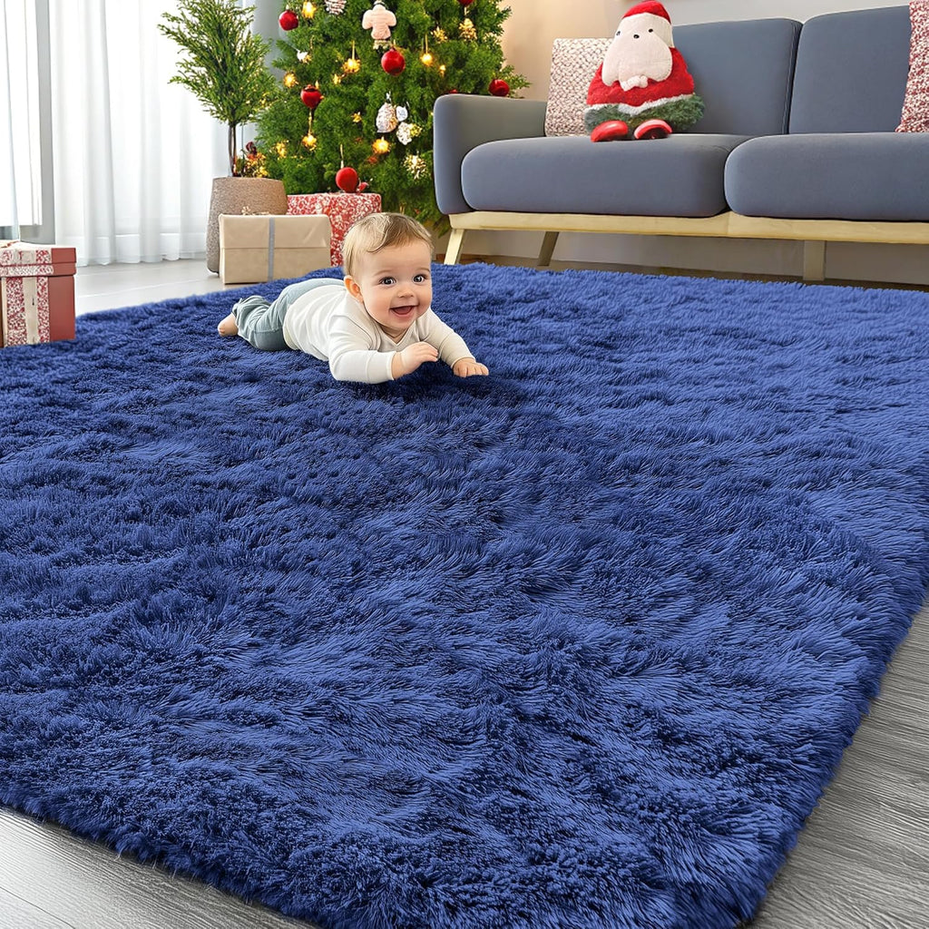 OLANLY 6x6 Area Rug - Soft, Fluffy Shaggy Design for Living Room & Bedroom | Navy Blue