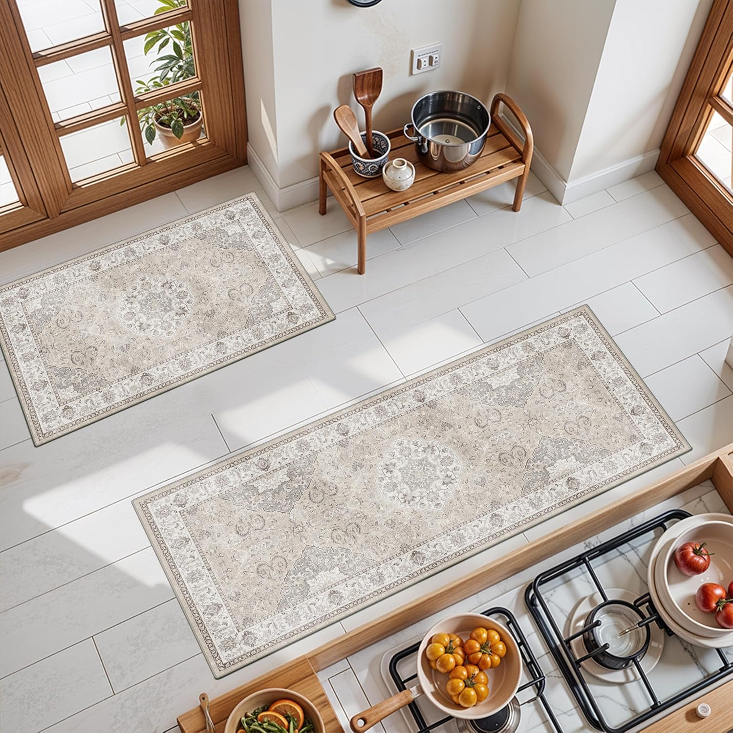 Skiennix Kitchen Runner Rug Set - Washable Non-Slip Floor Mats for Sink & Stove | Soft Low Pile, Water-Resistant, Beige (2x3 + 2x4)