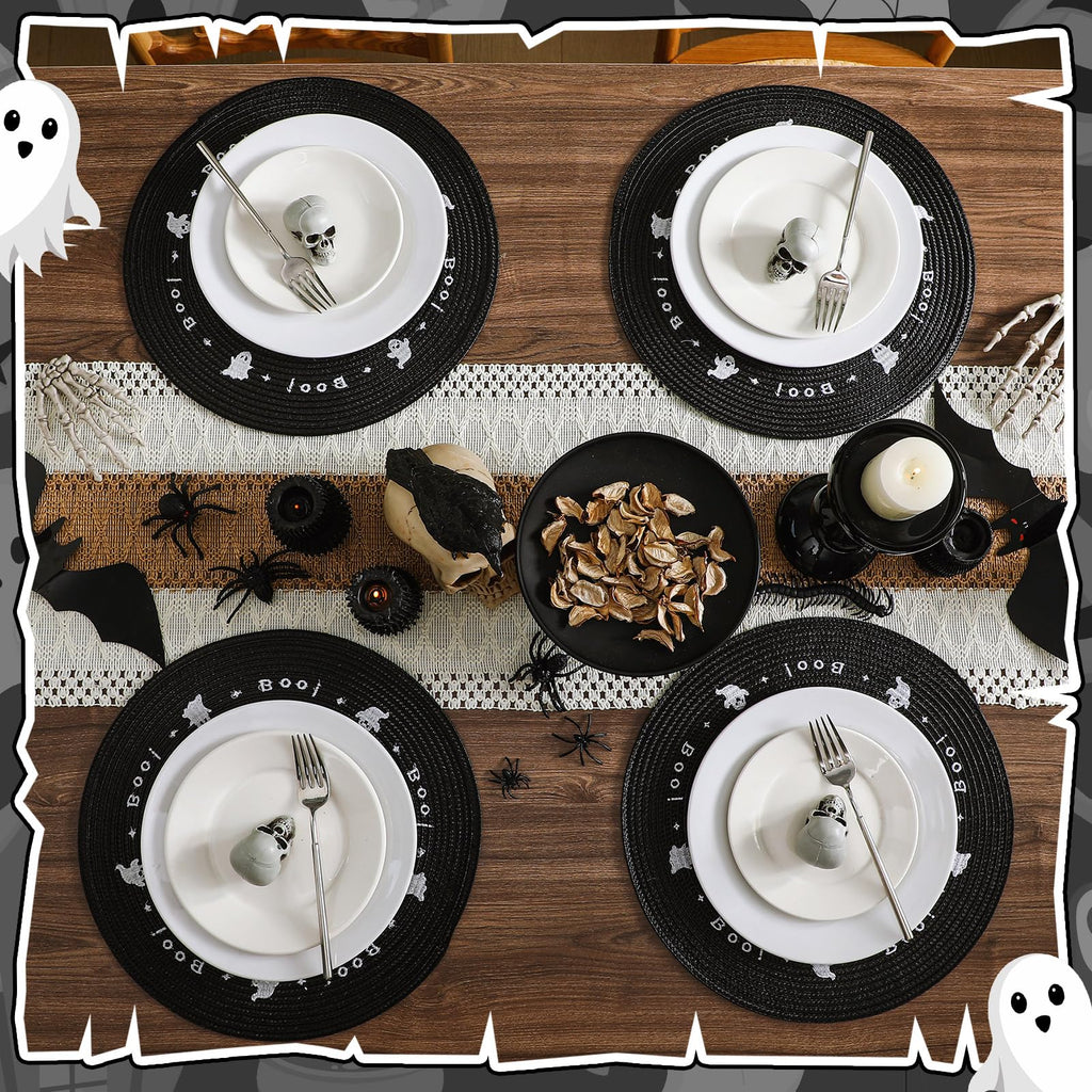 Tioncy 6 Pcs Plastic Halloween Placemats Round Embroidered Ghost Place Mats 13.5 Inch Black Spooky Ghosts Dinner Washable Table Mats Kitchen Dining Waterproof Placemats for Halloween Party Decoration