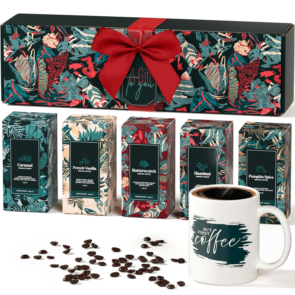 Skiennix Coffee Gift Set - 5 Gourmet Ground Coffee Flavors with Mug - Perfect Unique Christmas Gift