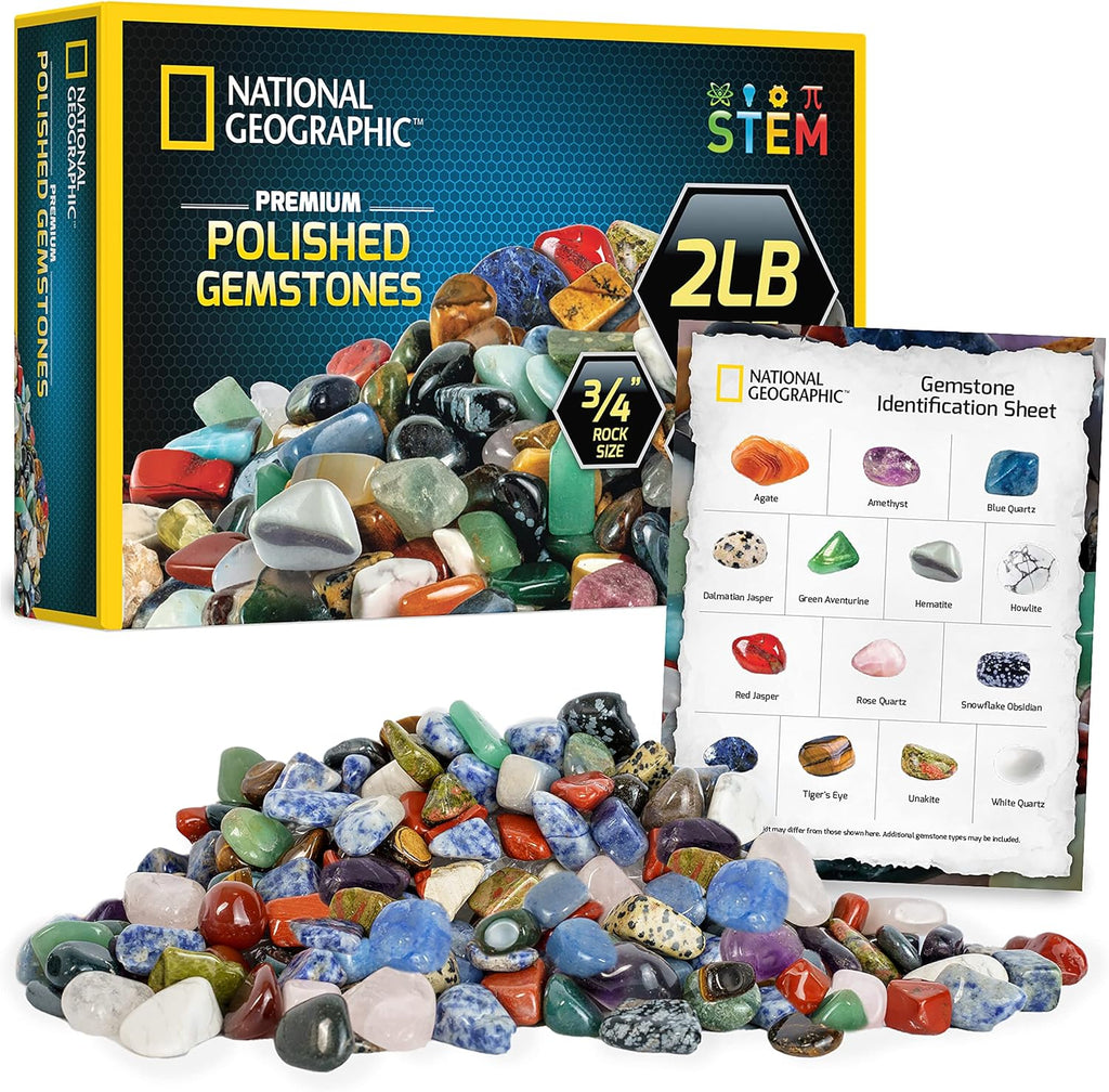 National Geographic Premium Polished Stones - 2 Pounds of Tumbled Crystals for Kids | STEM Rock Kit