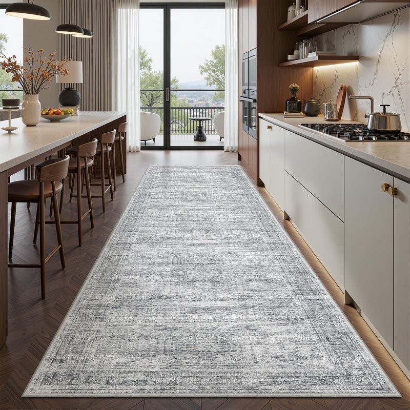 Restydon Kitchen Runner Rugs Non Skid Washable - 2.5 x 10 Runner Rug with Anti Slip Backing, Ultra-Thin Soft Rug Runner for Hallway, Bedroom, Living Room (2.5'x10', Grey/Ivory)