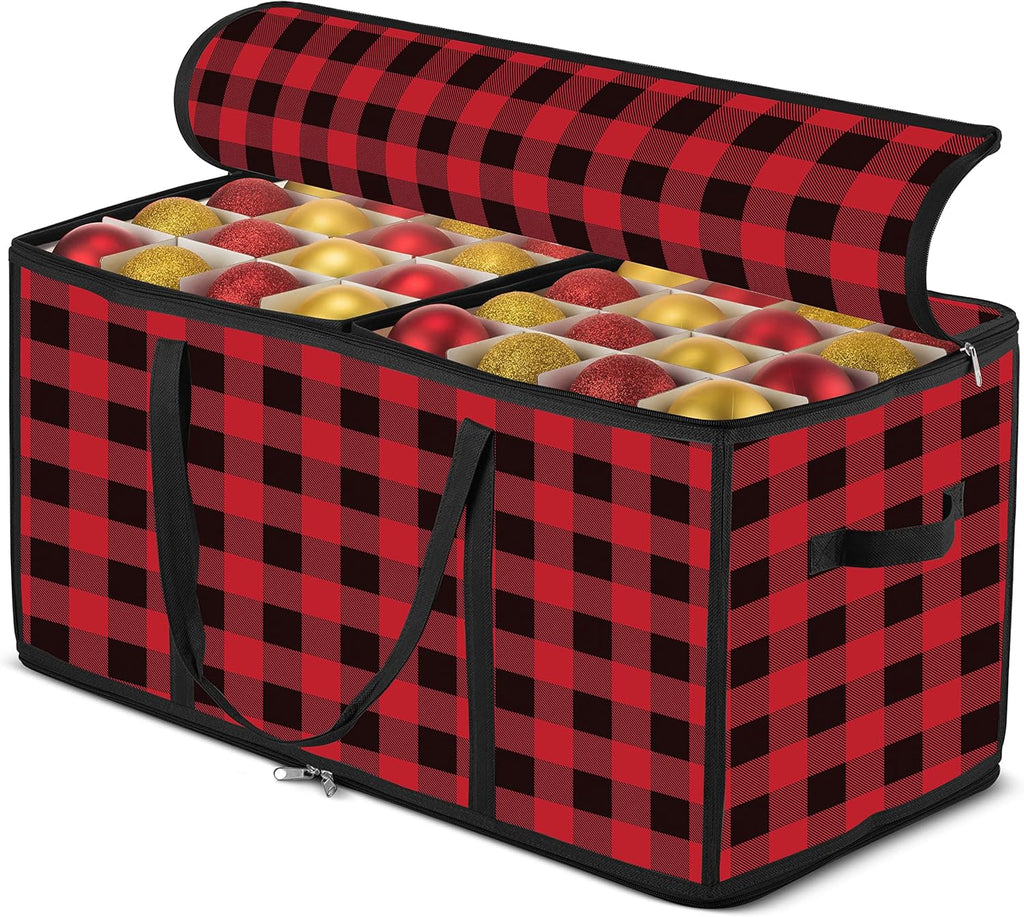 ZOBER Christmas Ornament Storage Box - Durable Plastic Organizer for 128 3" Ornaments | Plaid Design