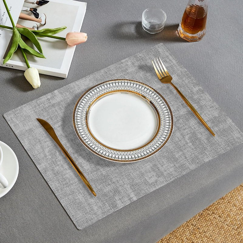 Boobezeen Faux Leather Placemats Set of 6, Heat Resistant Wipeable Washable Vinyl Place Mats, Waterproof Anti-Slip Dining Table Mats, Suitable for Indoor & Outdoor Use (Light Grey)