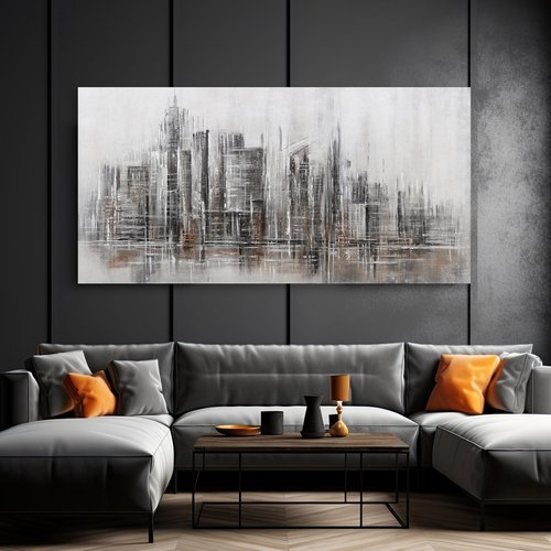 Abstract Wall Art Modern Art Wall Decor Canvas Printed Matter Gray Brown Abstract City Reflection Framed Artwork Canvas Painting for Living Room Bedroom Office Home Decor 24x48 Inch