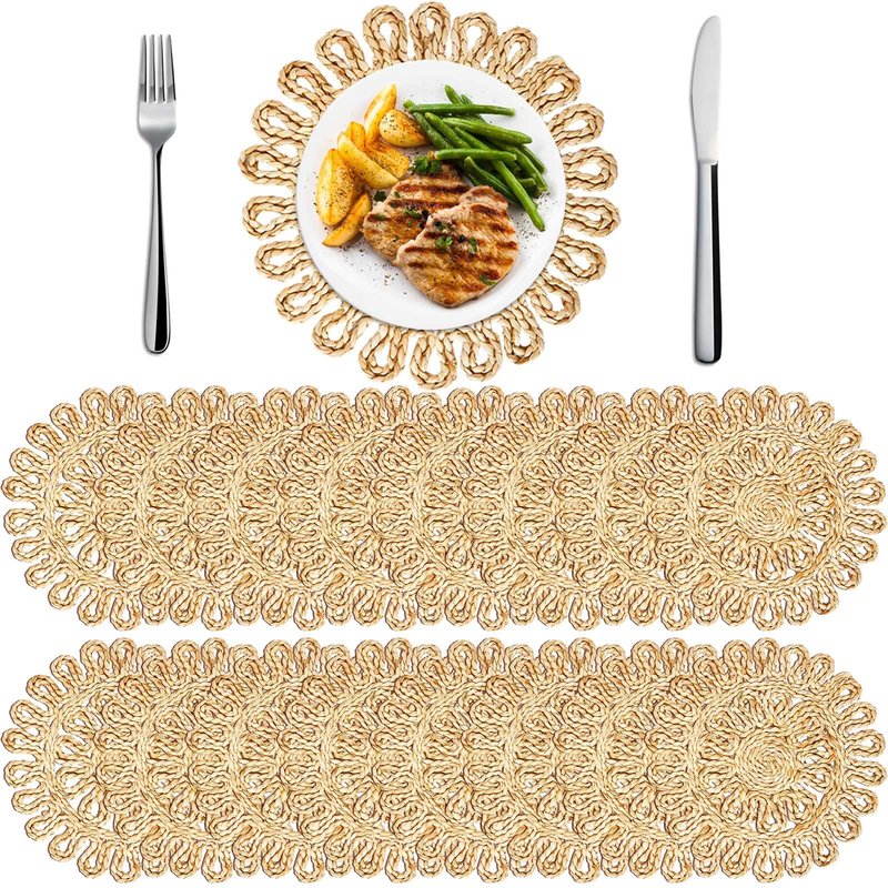Zopeal 11'' Round Natural Woven Placemats Set of 16 Boho Braided Rattan Placemats Farmhouse Place Mats Wicker Charger Plates for Dining Table Home Wedding Indoor Outdoor(Hollow)