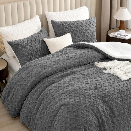Andency Fluffy Sherpa Queen Comforter Set - Super Soft Gray Fleece Bedding for Winter | 3-Piece Luxury Boho Design
