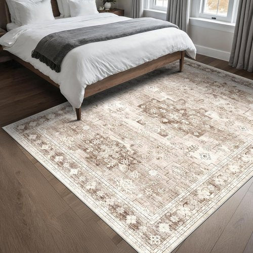 Hazo Haus Washable Area Rug - Non-Slip Boho Vintage Floral Design | 5x7 Beige/Latte for Bedroom & Living Room