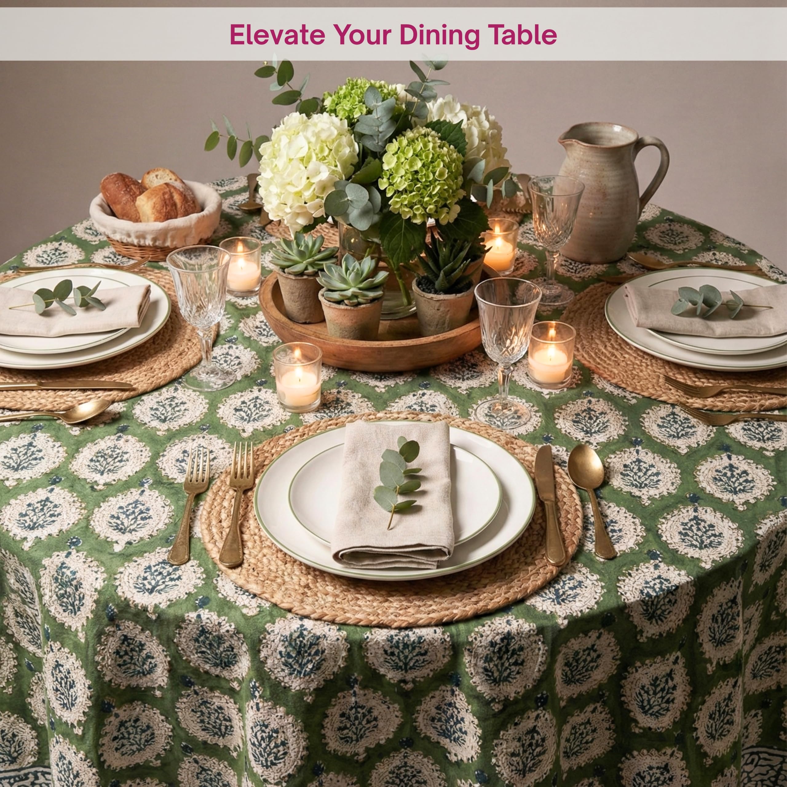 ATOSII Kari Green 100% Cotton Round Boho Spring Summer Tablecloth, Block Print Floral Table Cloth Linen for Dining, Parties, Weddings, OutdoorsI Home Table Decor 90" Inches Round