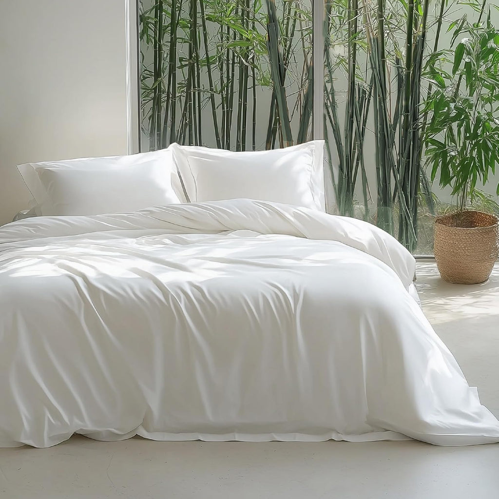Bedsure 100% Viscose Bamboo Duvet Cover - Lightweight Cooling Comforter Set for Hot Sleepers | Queen Size, Pure White