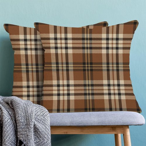 Jecuwo Fall Pillow Covers 18x18 Inch Set of 2, Autumn Thanksgiving Harvest Outdoor Decorative Throw Pillowcase Brown Plaids Cushion Cover for Sofa Couch Farmhouse Living Room Bed Decor