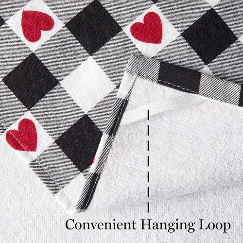 Martha Stewart Love Check Gingham Hearts Decorative Kitchen Towels 3-Pack Set, 100% Cotton, Absorbent, Valentine’s Day Décor, Black/White/Red, 16”x28”