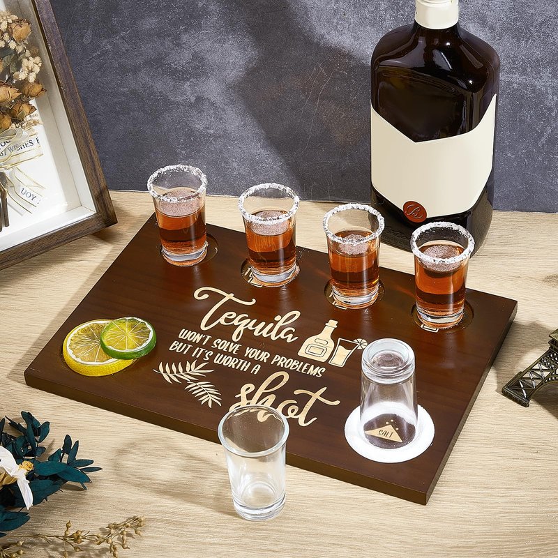 Tequila Shot Board Set With 6pcs Shot Glass Tequila Gifts, 7.8x11.8 Inch Wooden Serving Tray with Salt Rim, Shots Glass Holder for Restaurant Family, Fun Bar Party Housewarming Gifts