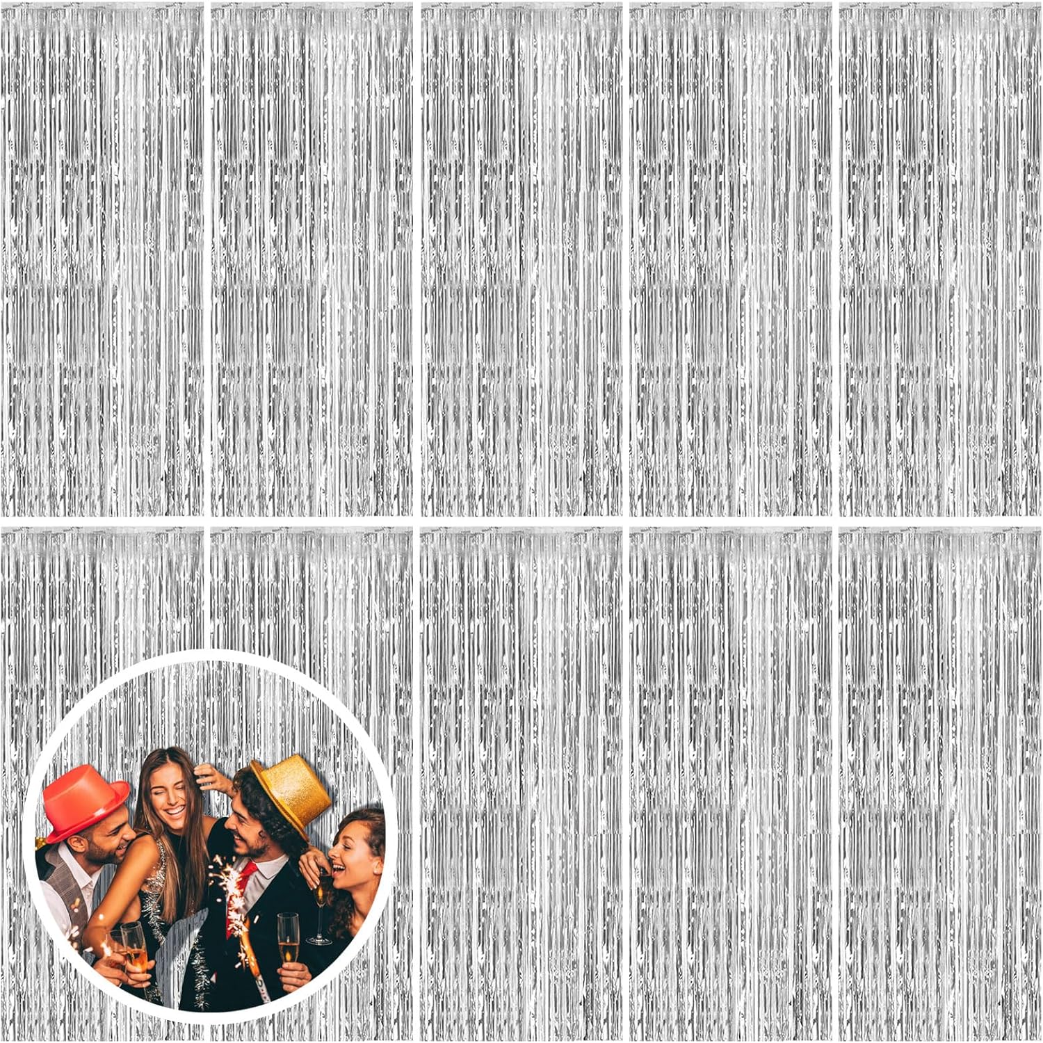 Skiennix Silver Backdrop Curtains - 10 Pack Foil Fringe Decorations for Parties & Events