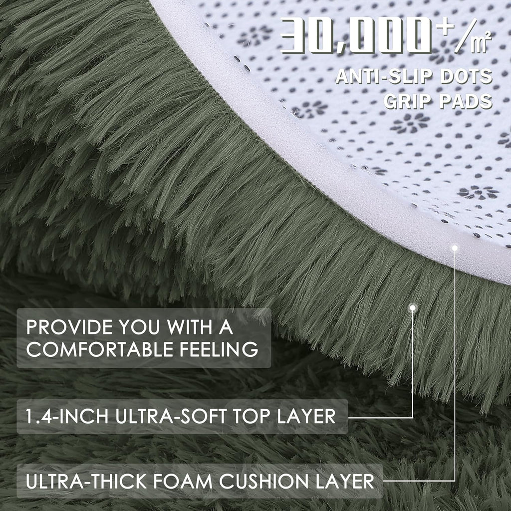 OLANLY Olive Green Round Area Rug - Soft, Fluffy, Machine Washable 7 ft Circle Carpet for Bedroom & Living Room Decor