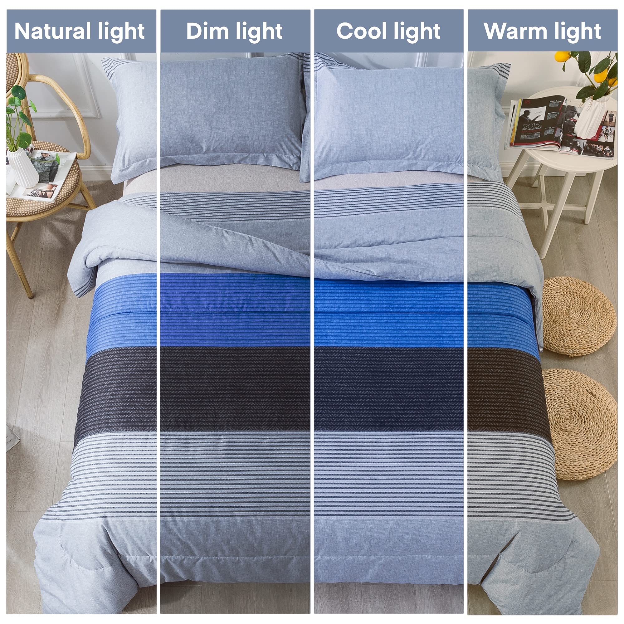 Andency Twin Comforter Set Blue (66x90 Inch), 2 Pieces Patchwork Striped Comforter Bed Sets for Boys, Soft Microfiber Down Alternative Comforter Bedding Set with Corner Loops