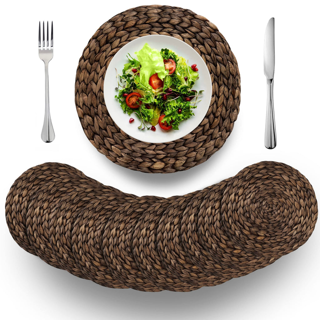 (4 Sizes: 12"-13"-14"-15") BARIEN Rustic Woven Placemats Round Set of 6, Natural Water Hyacinth Weave Placemat for Dining Table, Large Handmade Woven Placemats Heat Resistant Non-Slip (12" - Set of 6)
