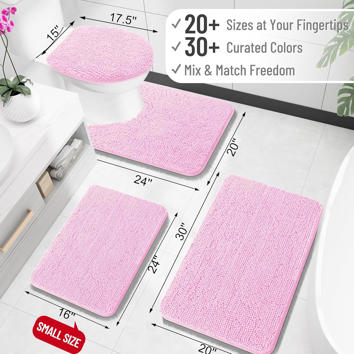 OLANLY U-Shaped Toilet Rugs - Extra Soft Absorbent Chenille Bath Mat, 24x20, Quick-Dry, Non-Slip, Pink