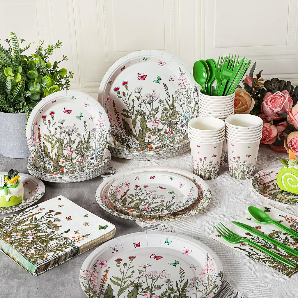 Hushee 324 Wildflower Party Supplies Paper Plates and Napkins Disposable Spring Floral Baby Shower Birthday Tableware for Spring Summer Picnic Birthday Wedding Tea Party Serves 36