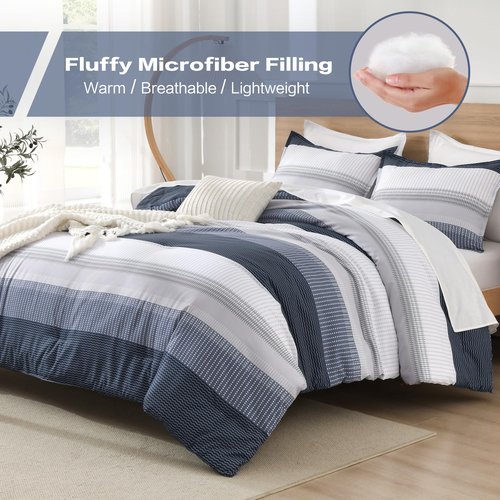 Litanika Full Comforter Set Black Blue - 3 Pieces Lightweight Fluffy Bedding Comforter Sets, All Season Down Alternative Comforter (1 Comforter, 2 Pillowcases)